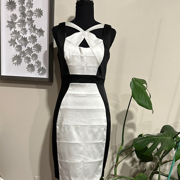 *JAX* Black x White Contrast Panel Bodycon Cocktail Mini Dress Size 6 - Picture 2 of 11